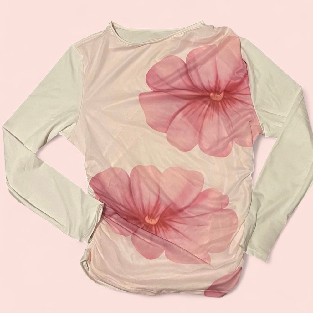 SHEIN Cream and Pink Floral Long Sleeve Tee
